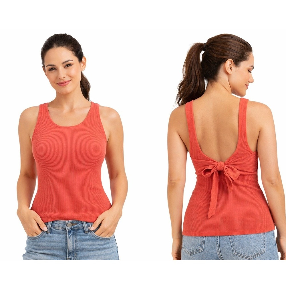 Intermix Ribbed Knit Tank Top Women S Coral Pink Tie Back Cut Out Scoop Neck